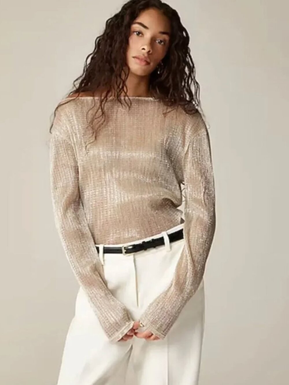 J. Crew Sheer Metallic Gold Boatneck Top Long Sleeve Size Small